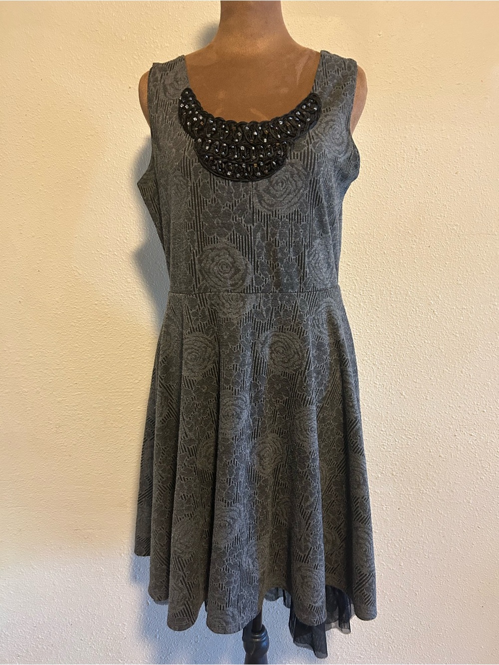 Free People sleeveless Gray/blackFloral Fit-and-Flare Dress with Beaded Neckline
